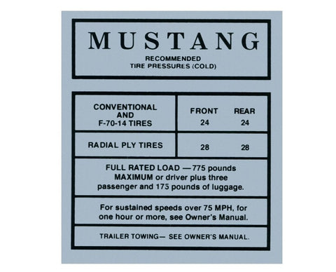 1967 - 1968 FORD MUSTANG GLOVE BOX TYRE PRESSURE DECAL