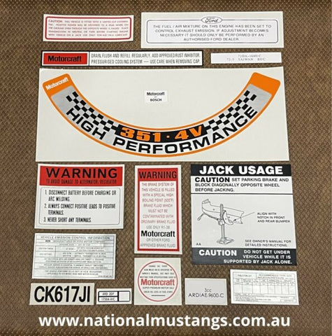Engine Bay Decal Kit Suit Ford Falcon XA GT 351.