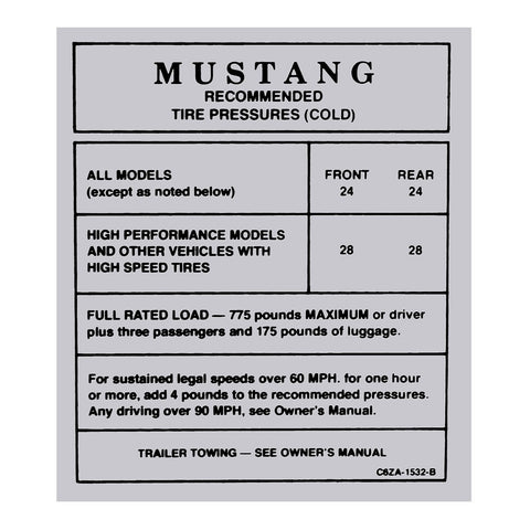 1966 Ford Mustang Tyre Pressure Decal