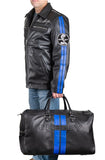 Shelby Black Leather Duffel Bag with Blue Racing Stripes