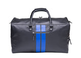 Shelby Black Leather Duffel Bag with Blue Racing Stripes